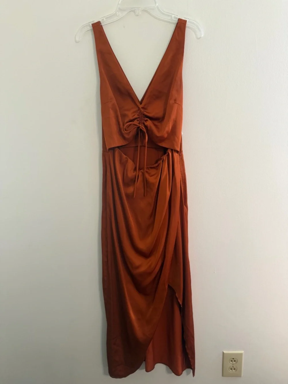 Abercrombie & Fitch Rust Satin Cutout MaxiDress Sz XS Boho Beachy Night Out Slit